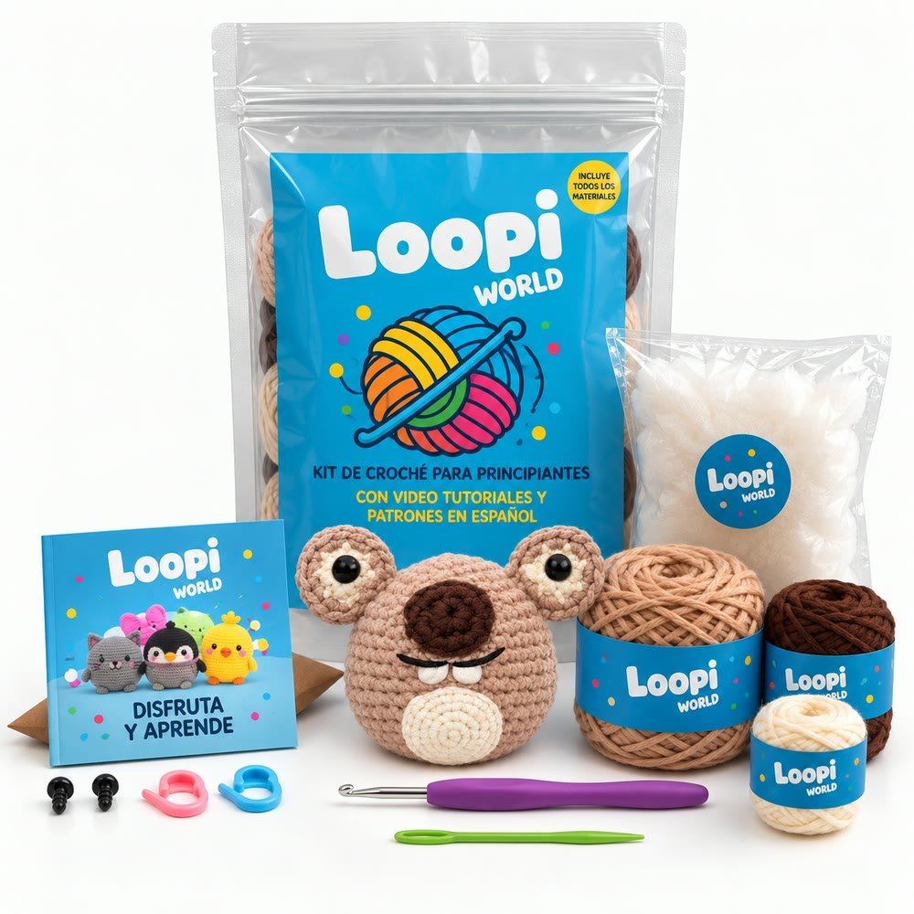 Kit de crochet Loopi World con su packaging, materiales y accesorios
